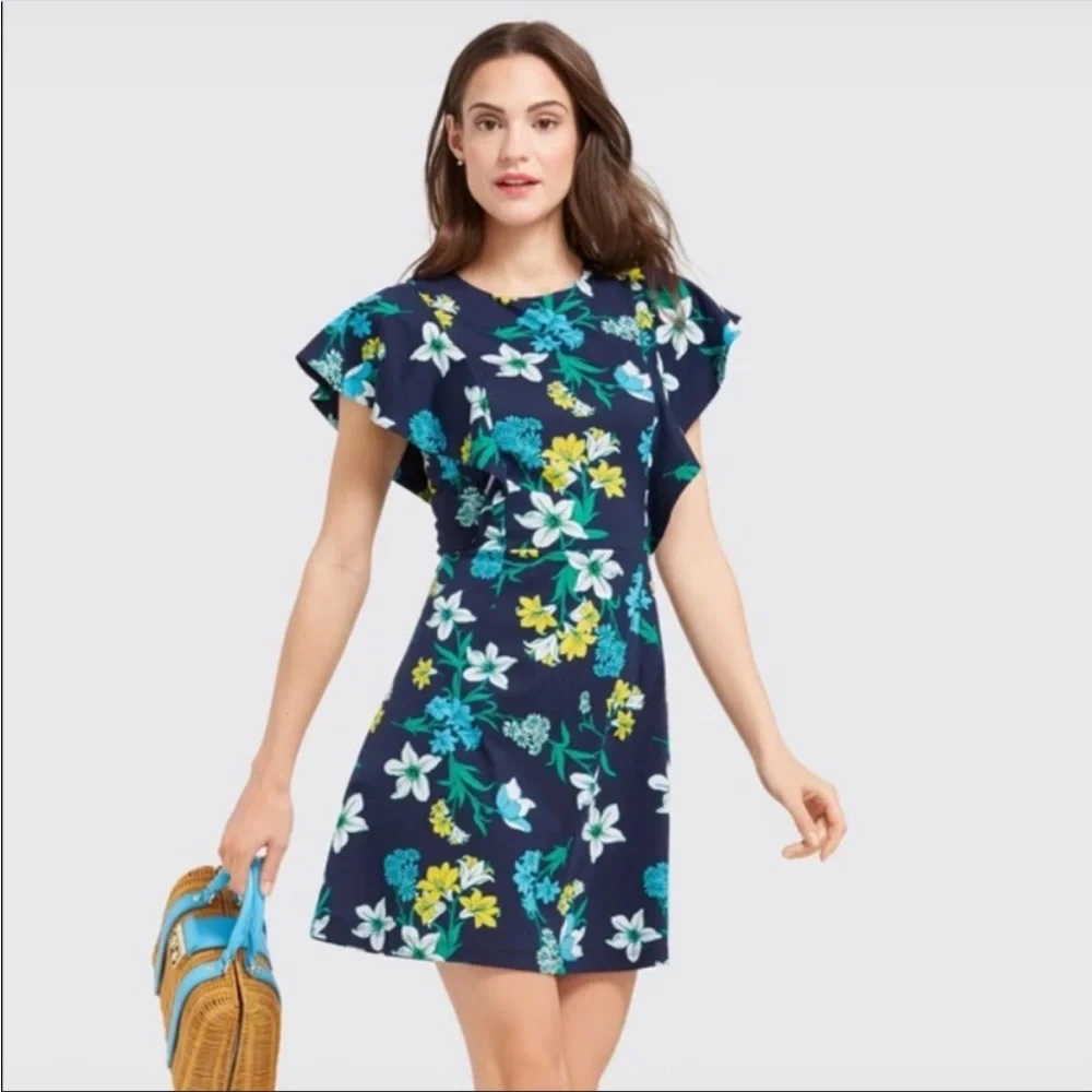 Draper James Navy Floral Flutter Sleeve Dress